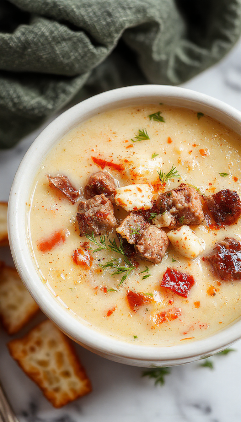 A steaming bowl of Philly Cheesesteak Soup garnished with freshly chopped green onions and shredded cheese, served in a rustic white ceramic bowl with a spoon resting beside it. The soup has a rich, creamy broth with sliced tender beef, colorful bell peppers, and melted cheese visible on the surface. The background features a cozy kitchen setting with a wooden table and a soft-focus view of crusty bread and fresh herbs.