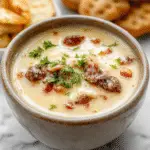 A steaming bowl of Philly Cheesesteak Soup garnished with melted provolone cheese, sautéed onions, and thinly sliced pieces of shredded beef. The soup has a rich, hearty broth with visible chunks of beef and vegetables, served in a rustic white bowl on a wooden table with fresh herbs sprinkled on top.