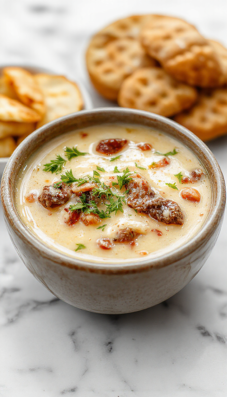 A steaming bowl of Philly Cheesesteak Soup garnished with melted provolone cheese, sautéed onions, and thinly sliced pieces of shredded beef. The soup has a rich, hearty broth with visible chunks of beef and vegetables, served in a rustic white bowl on a wooden table with fresh herbs sprinkled on top.