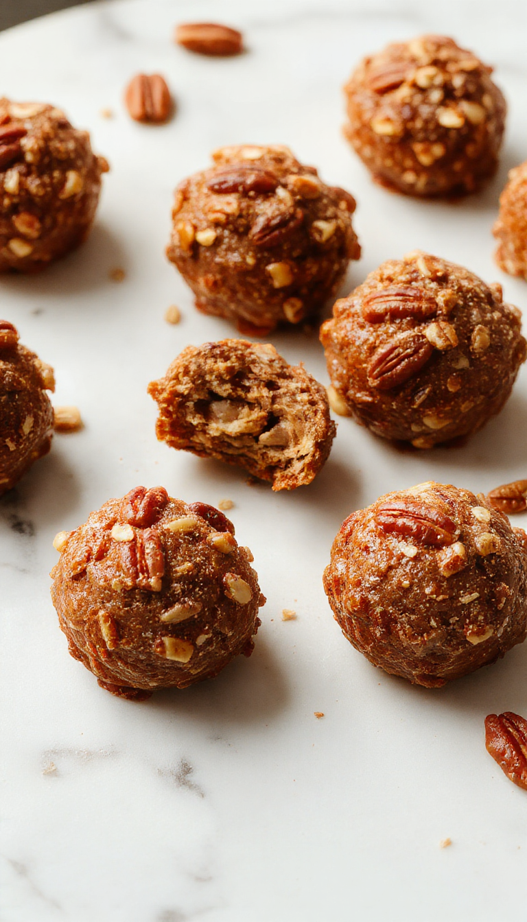 A close-up of golden-brown pecan pie balls arranged on a rustic white plate, drizzled with caramel and sprinkled with chopped pecans, with a blurred festive background.