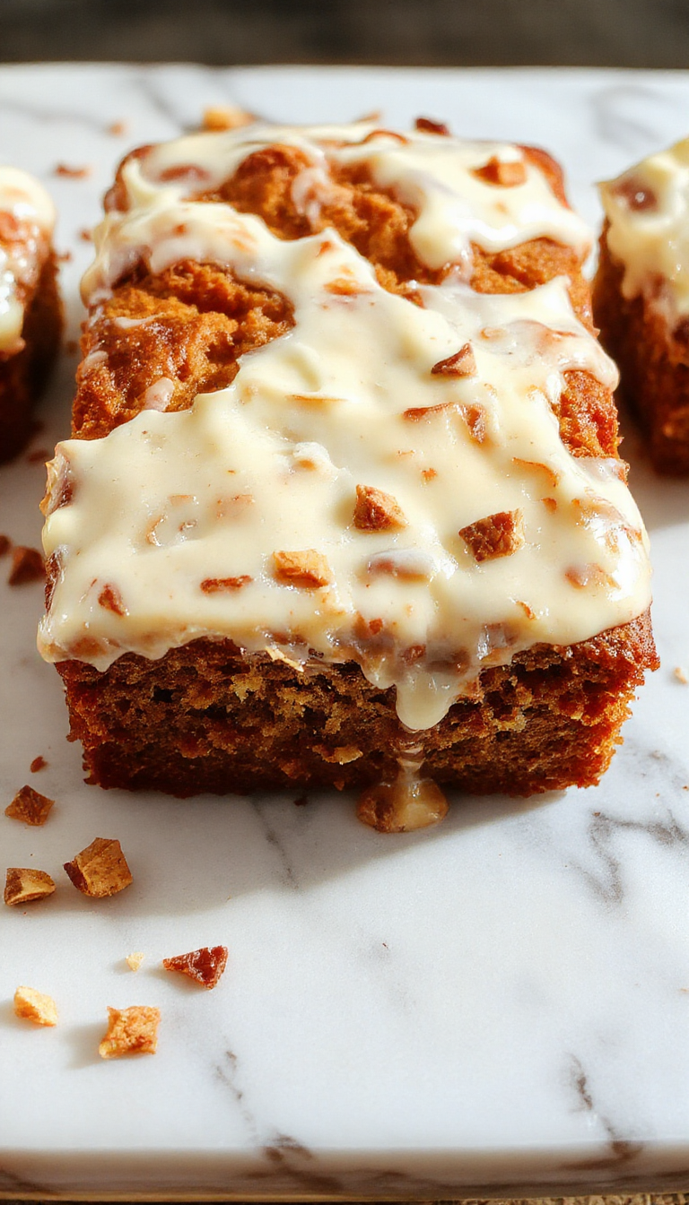 A sliced pumpkin bread loaf topped with swirls of cream cheese frosting, the bread has a golden-brown crust with a moist, dense crumb, displayed on a rustic wooden board alongside a small bowl of icing and fresh pumpkin slices, warm natural lighting enhances the inviting appearance.