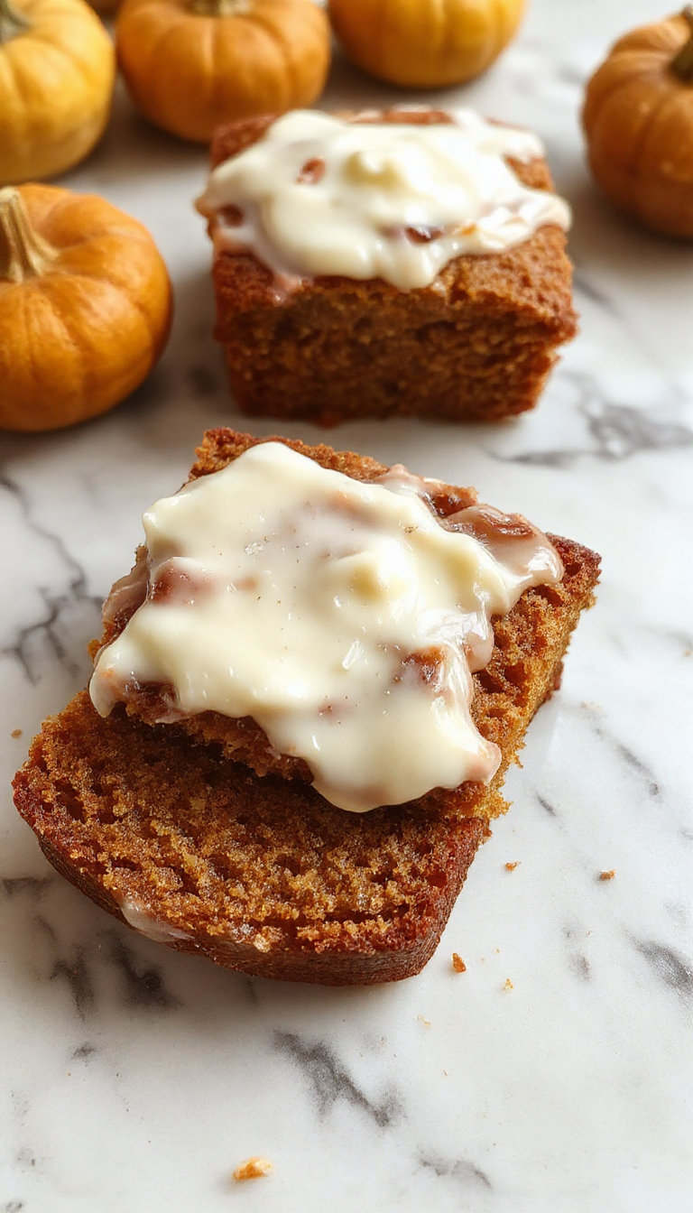 A sliced pumpkin bread loaf topped with rich, creamy cream cheese frosting, displaying a moist, dense texture with a golden-brown crust. The frosting is generously spread, with some parts slightly melting into the bread's surface, and the bread is presented on a rustic wooden platter with a few pumpkin seeds scattered around, highlighting the seasonal theme.