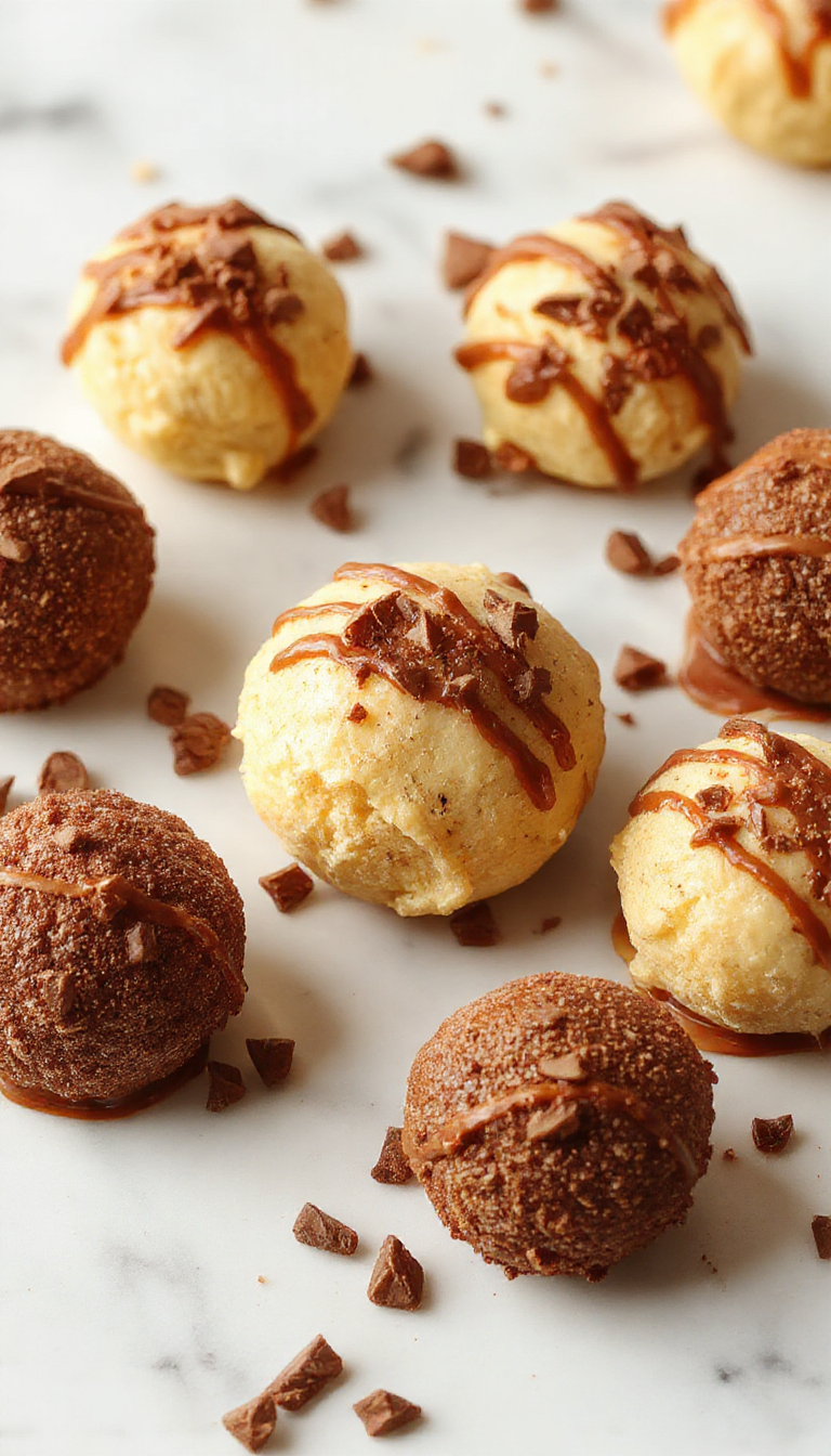 A close-up of several Pumpkin Cheesecake Truffles arranged on a rustic wooden surface. The truffles are round, with a smooth orange exterior resembling mini pumpkins. Some are topped with a small green stem made from candy or fondant. The background features a fall-themed cloth with warm orange and brown tones, accented with scattered cinnamon sticks and tiny gourds for a seasonal touch.