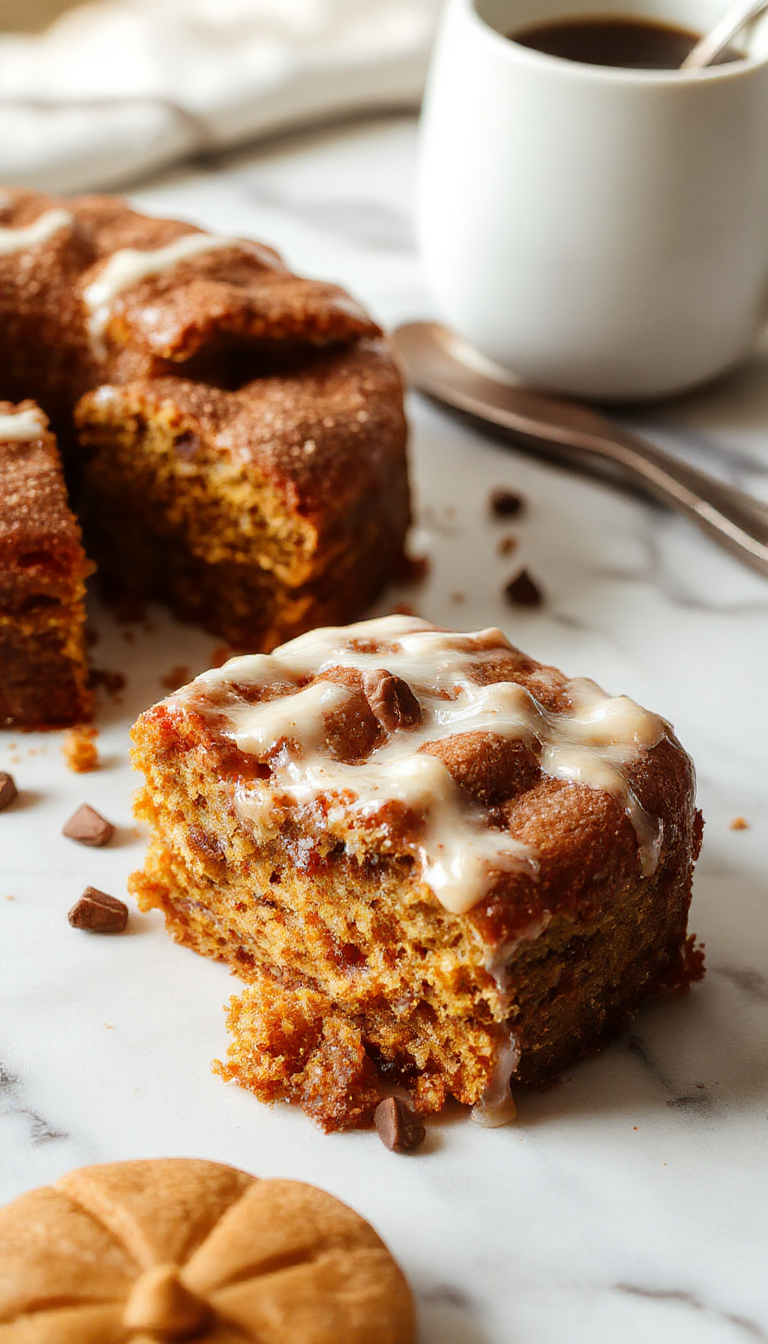 A golden-brown slice of pumpkin coffee cake with a crumbly streusel topping, served on a rustic white plate. The cake reveals a moist, pumpkin-spiced interior with hints of cinnamon, and a dusting of powdered sugar on top. The background features a cozy, autumn-themed setting with a cup of coffee nearby and fall leaves scattered around.