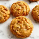 A close-up of a plate of golden-brown pumpkin cookies topped with a drizzle of white glaze, surrounded by cinnamon sticks and pumpkin seeds, with a warm, rustic background