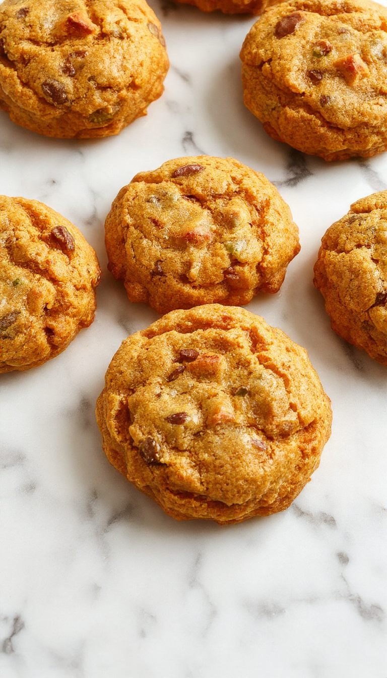 A close-up of a plate of golden-brown pumpkin cookies topped with a drizzle of white glaze, surrounded by cinnamon sticks and pumpkin seeds, with a warm, rustic background