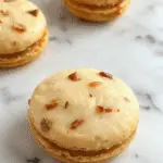 A close-up of vibrant orange pumpkin macaroons elegantly stacked on a white plate, garnished with tiny pumpkin-shaped decorations and a sprinkle of cinnamon. The macaroons have a smooth, glossy surface with a delicate, slightly cracked exterior, revealing the soft filling inside. In the background, warm autumn-themed accents like mini gourds and fall leaves enhance the seasonal presentation.
