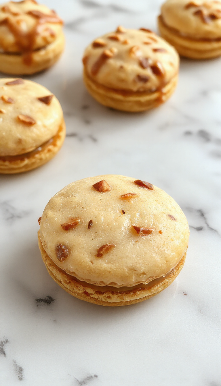 A close-up of vibrant orange pumpkin macaroons elegantly stacked on a white plate, garnished with tiny pumpkin-shaped decorations and a sprinkle of cinnamon. The macaroons have a smooth, glossy surface with a delicate, slightly cracked exterior, revealing the soft filling inside. In the background, warm autumn-themed accents like mini gourds and fall leaves enhance the seasonal presentation.