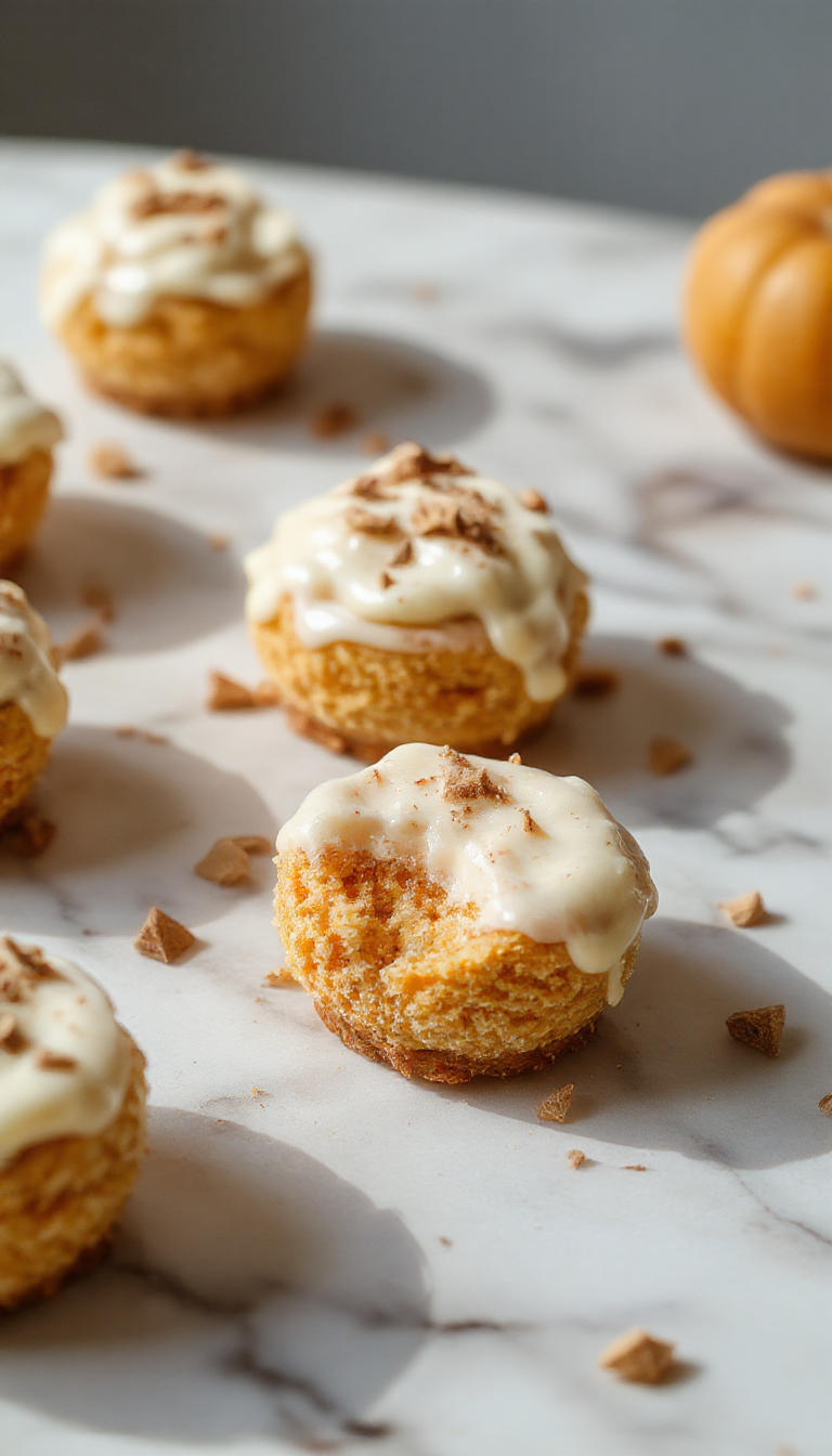 Close-up of bite-sized pumpkin spice cheesecakes with a creamy, smooth texture, topped with a dollop of whipped cream and a sprinkle of cinnamon. The cheesecakes are arranged on a rustic white plate with a few autumn leaves nearby, exuding warmth and seasonal charm.