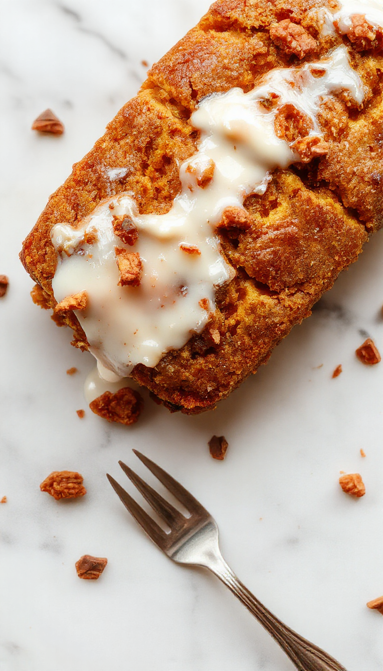 A loaf of pumpkin streusel bread resting on a rustic wooden surface, topped with a crunchy streusel crumb, with a slice of the bread revealing a moist, orange-centered crumb. The background features a warm, inviting setting with cinnamon sticks and fall leaves, emphasizing the cozy, seasonal vibe.