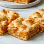 A square plate featuring a stack of golden-brown apple pie bars with a slightly crumbly topping, drizzled with caramel sauce and garnished with cinnamon dust. The bars reveal a layered interior of tender apple filling and flaky pastry, with some bars cut to show their hearty texture. The scene is styled on a rustic wooden table with a cinnamon stick and fresh apple slices nearby, evoking a warm, inviting autumn atmosphere.
