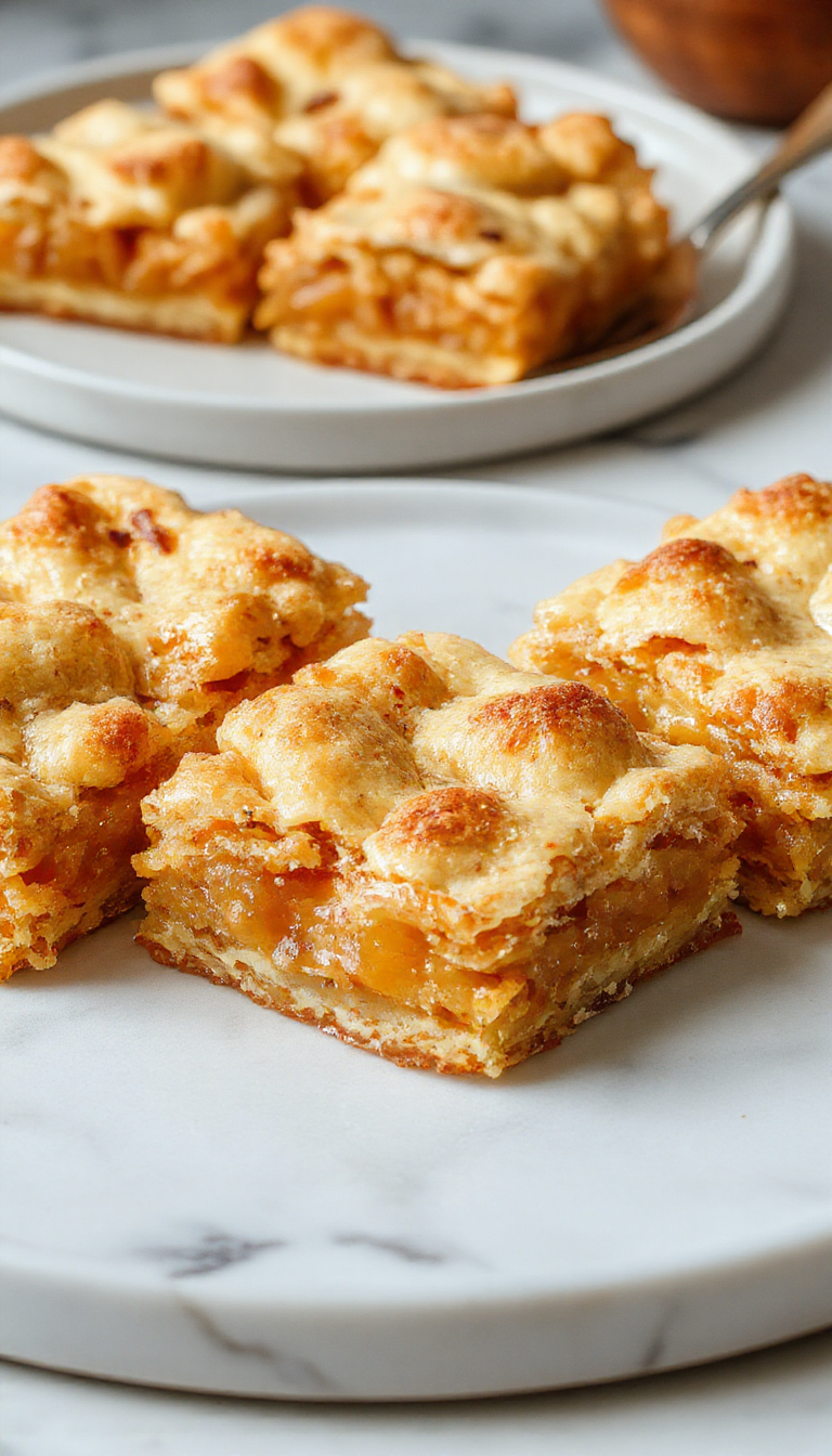 A square plate featuring a stack of golden-brown apple pie bars with a slightly crumbly topping, drizzled with caramel sauce and garnished with cinnamon dust. The bars reveal a layered interior of tender apple filling and flaky pastry, with some bars cut to show their hearty texture. The scene is styled on a rustic wooden table with a cinnamon stick and fresh apple slices nearby, evoking a warm, inviting autumn atmosphere.