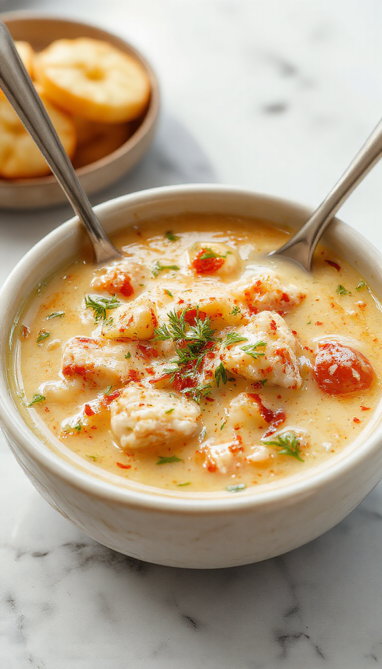 A steaming bowl of rich, creamy Marry Me Chicken Soup garnished with fresh herbs, nestled on a rustic wooden table with a spoon resting beside it, topped with a swirl of cream and colorful vegetables visible through the light broth.