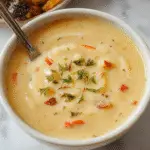 A steaming bowl of creamy roasted vegetable soup, garnished with fresh herbs and a drizzle of olive oil. The soup is vibrant with orange, green, and purple hues from roasted carrots, zucchini, and purple onions, served in a rustic ceramic bowl on a wooden table with a spoon.