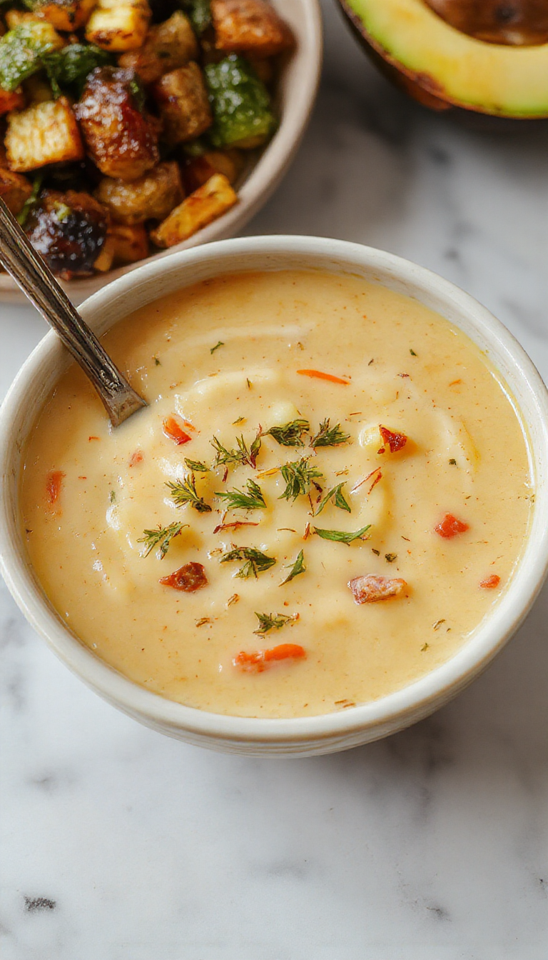 A steaming bowl of creamy roasted vegetable soup, garnished with fresh herbs and a drizzle of olive oil. The soup is vibrant with orange, green, and purple hues from roasted carrots, zucchini, and purple onions, served in a rustic ceramic bowl on a wooden table with a spoon.