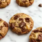 A close-up of a freshly baked salted caramel chocolate cookie resting on a rustic wooden surface. The cookie is golden brown with a slightly cracked top, revealing gooey caramel and melty chocolate chunks inside. Salt flakes are visible on the surface, adding a touch of shimmer. The background features a few caramel drizzles and scattered sea salt crystals for an inviting, indulgent presentation.