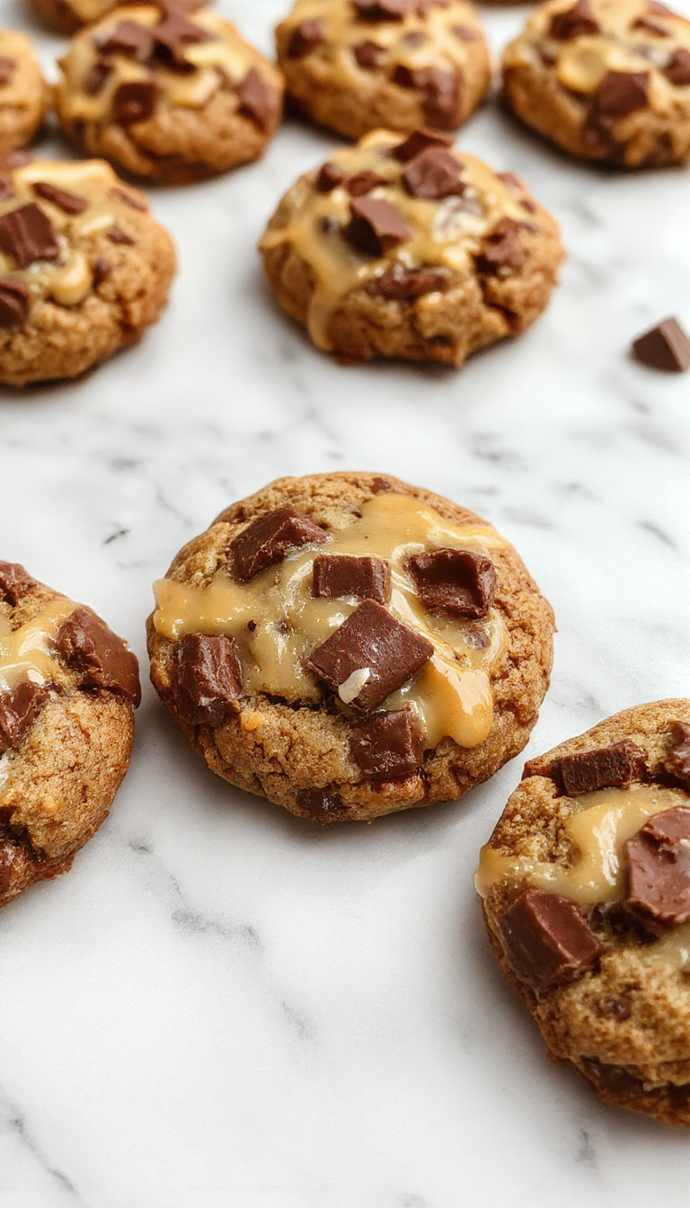 A close-up of a freshly baked salted caramel chocolate cookie resting on a rustic wooden surface. The cookie is golden brown with a slightly cracked top, revealing gooey caramel and melty chocolate chunks inside. Salt flakes are visible on the surface, adding a touch of shimmer. The background features a few caramel drizzles and scattered sea salt crystals for an inviting, indulgent presentation.