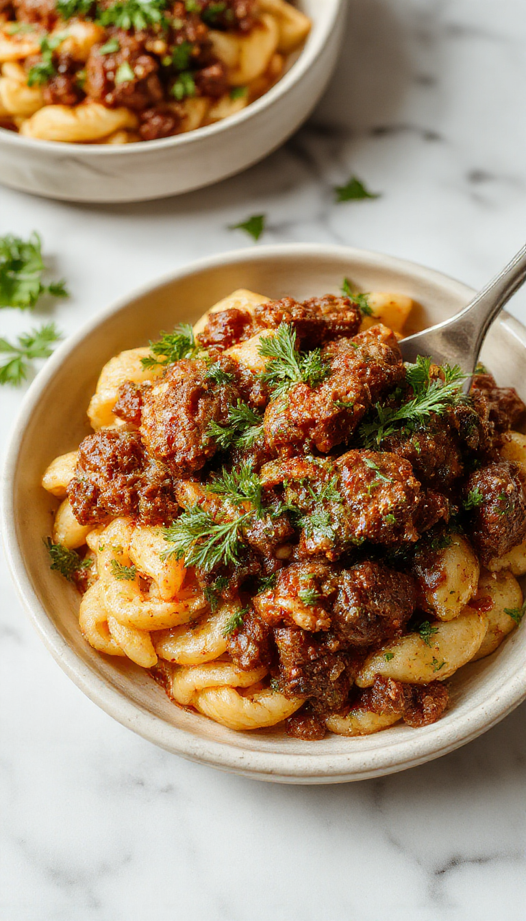 A steaming bowl of savory ground beef orzo featuring tender ground beef mixed with perfectly cooked orzo pasta, garnished with chopped herbs and a sprinkle of grated cheese, presented on a rustic wooden table with a spoon resting beside it, showcasing vibrant colors and appetizing textures.