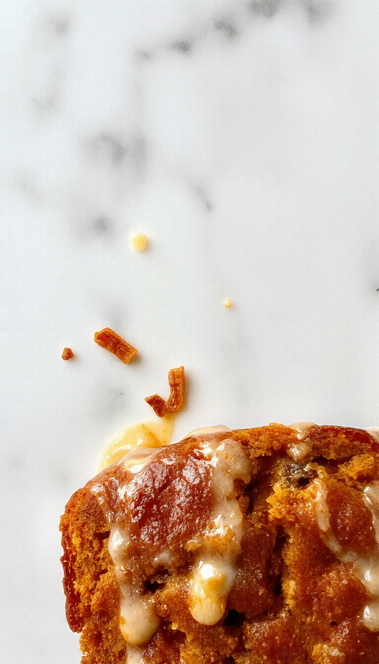 A beautifully sliced pumpkin bread loaf with a golden-brown crust sits on a rustic wooden table. The bread reveals a soft, moist interior speckled with spices, and a few slices are fanned out to showcase its tender crumb. The background includes a cozy fall-themed setting with pumpkins, cinnamon sticks, and a hint of autumn leaves, emphasizing warmth and seasonal flavor.