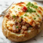 A large, crispy baked potato sliced open to reveal fluffy interior filled with seasoned ground beef, melted cheese, and colorful vegetables. The potato is garnished with fresh herbs and served on a rustic platter, creating a hearty and inviting appearance.