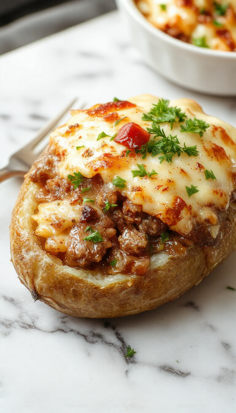 A large, crispy baked potato sliced open to reveal fluffy interior filled with seasoned ground beef, melted cheese, and colorful vegetables. The potato is garnished with fresh herbs and served on a rustic platter, creating a hearty and inviting appearance.