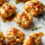 Golden-brown honey garlic chicken bites arranged on a white plate, glazed with a shiny honey sauce, garnished with chopped fresh herbs, and set against a rustic wooden background with scattered garlic cloves and a drizzle of honey.