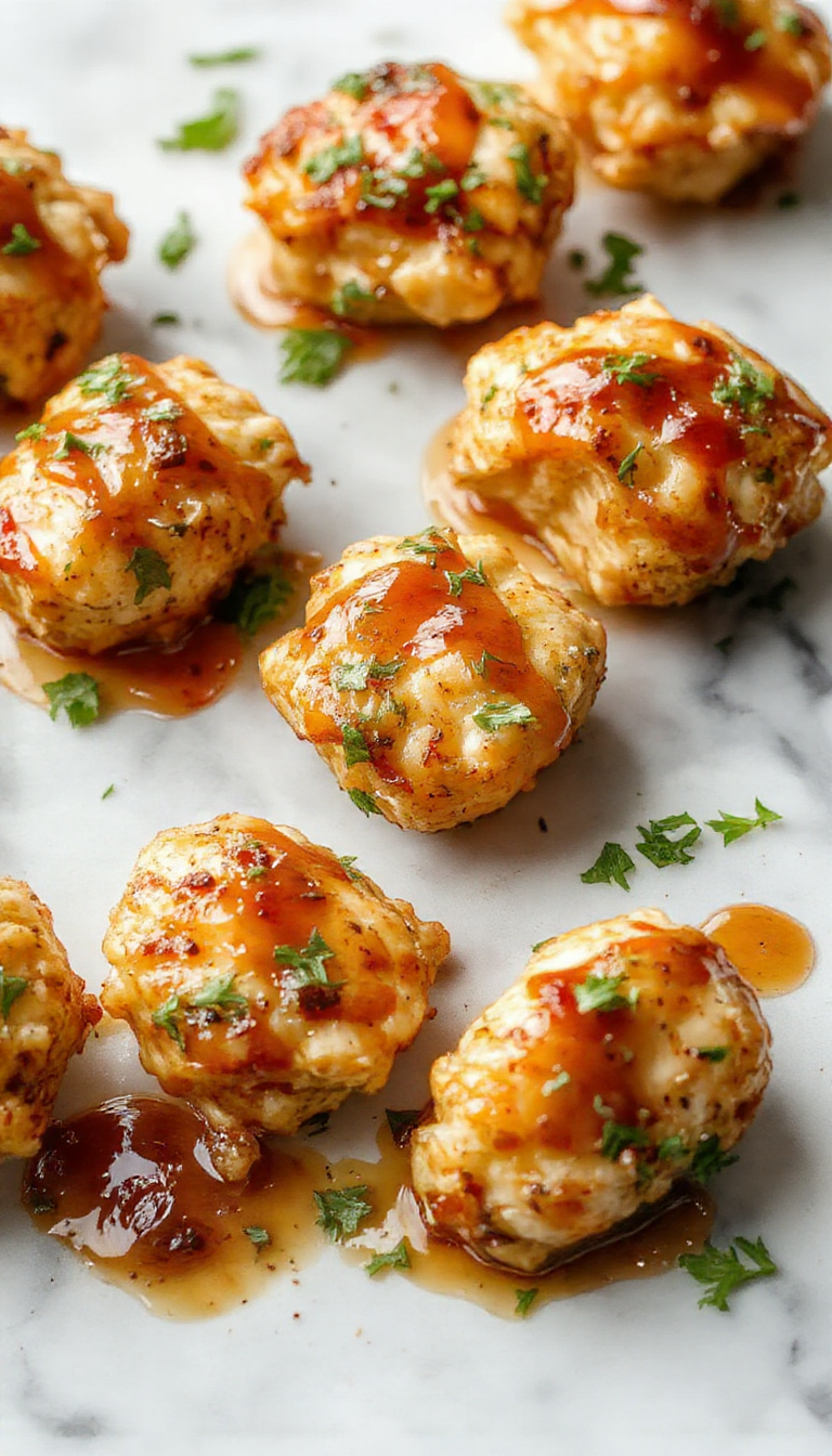 Golden-brown honey garlic chicken bites arranged on a white plate, glazed with a shiny honey sauce, garnished with chopped fresh herbs, and set against a rustic wooden background with scattered garlic cloves and a drizzle of honey.