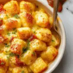 A golden-brown Tater Tot casserole presented in a rustic ceramic baking dish, topped with crispy Tater Tots, melted cheese, and garnished with fresh herbs, invitingly warm and hearty.