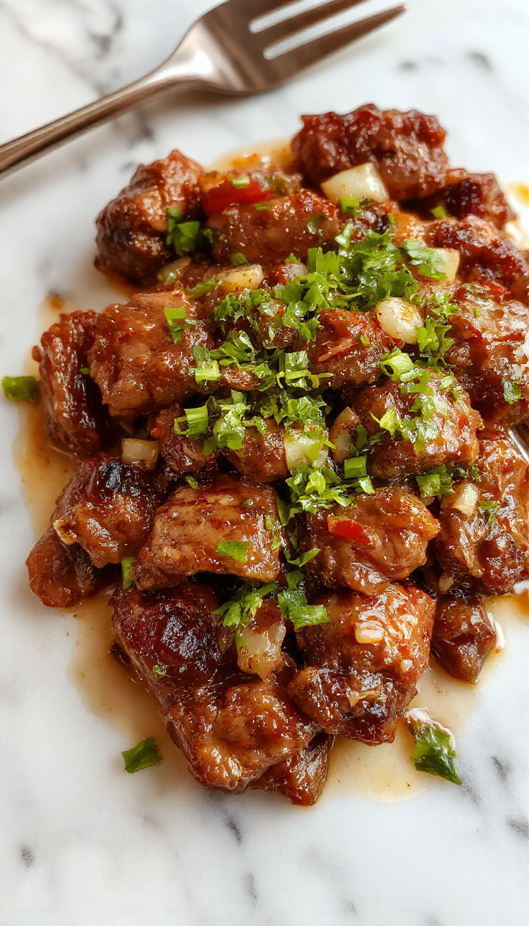 A vibrant plate of Chinese pepper steak hot off the skillet, featuring tender slices of beef coated in glossy, savory sauce, colorful bell peppers and onions, garnished with green onions, all arranged attractively on a white ceramic dish