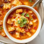 A steaming bowl of chicken enchilada soup with a rich, red tomato-based broth, topped with shredded cheese, chopped cilantro, and slices of avocado. The bowl is placed on a rustic wooden table, with tortilla chips and a sprinkle of chili powder visible nearby, and a spoon resting inside.