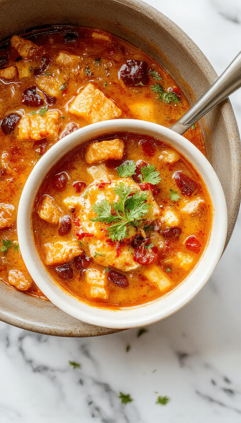 A steaming bowl of chicken enchilada soup with a rich, red tomato-based broth, topped with shredded cheese, chopped cilantro, and slices of avocado. The bowl is placed on a rustic wooden table, with tortilla chips and a sprinkle of chili powder visible nearby, and a spoon resting inside.
