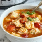 A hearty chicken stew served in a rustic white bowl, featuring tender shredded chicken, chunks of potatoes, carrots, and celery in a rich brown broth. The dish is garnished with fresh herbs and presented on a wooden table with a spoon beside the bowl, showcasing a warm and comforting meal.