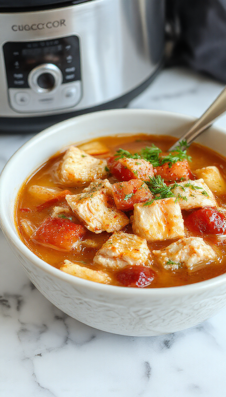 A hearty chicken stew served in a rustic white bowl, featuring tender shredded chicken, chunks of potatoes, carrots, and celery in a rich brown broth. The dish is garnished with fresh herbs and presented on a wooden table with a spoon beside the bowl, showcasing a warm and comforting meal.