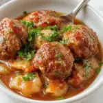 A close-up of a serving bowl filled with tender Salisbury steak meatballs smothered in rich gravy, garnished with chopped parsley. The dish is placed on a rustic wooden table with a side of mashed potatoes and steamed vegetables, with warm lighting highlighting the glossy sauce and the hearty textures of the meatballs.