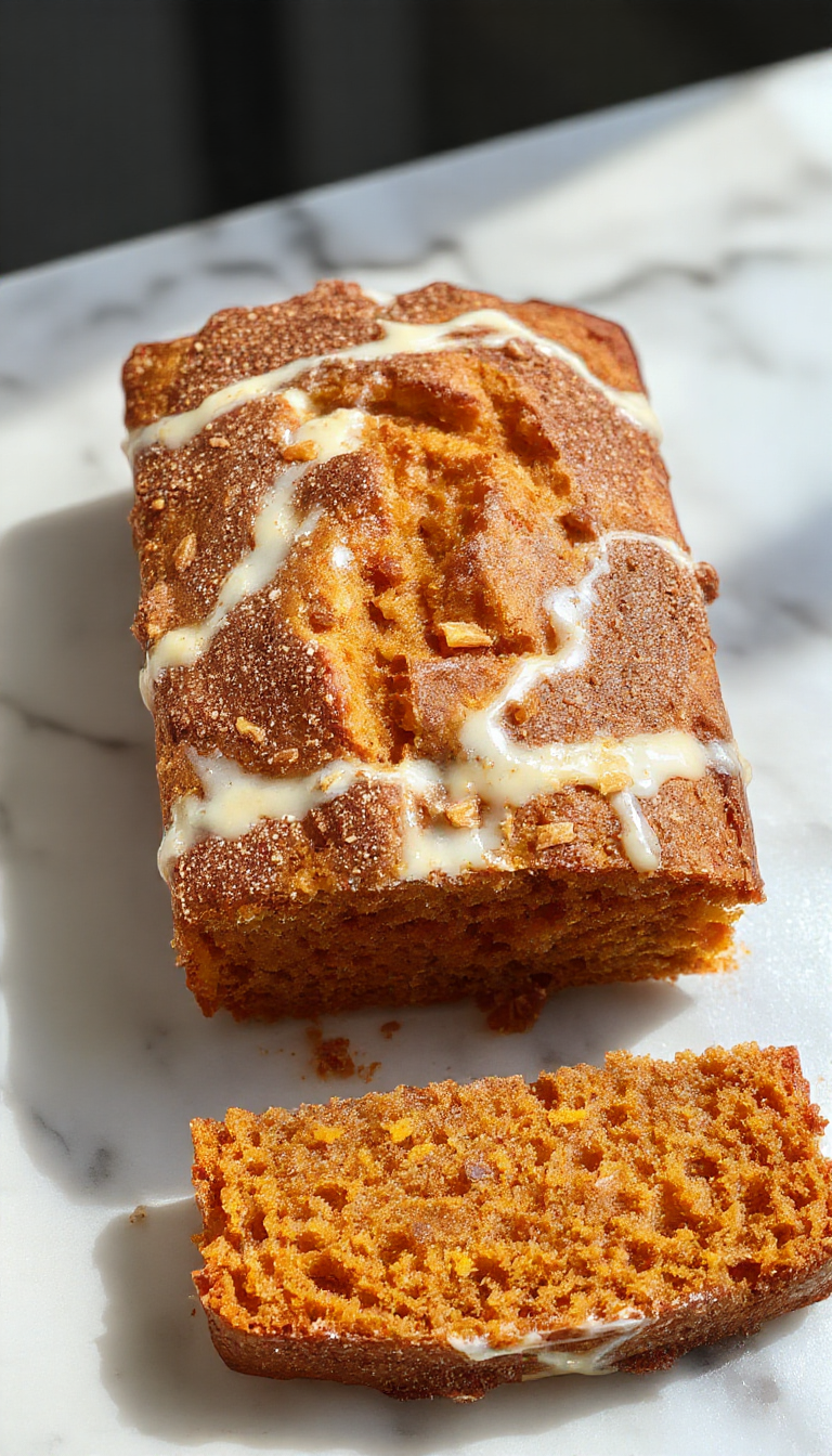 A slice of Snickerdoodle Pumpkin Bread on a rustic wooden surface, showcasing its golden-brown crust coated with cinnamon sugar and a moist, tender crumb inside. Visible swirls of pumpkin and cinnamon are layered throughout the bread, with a few cinnamon sugar granules sprinkled on top. The background features festive holiday decorations, adding a warm, seasonal ambiance.
