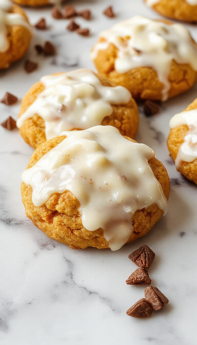 A close-up of soft pumpkin cookies arranged on a rustic plate, drizzled with glossy cream cheese icing, topped with a sprinkle of cinnamon, with a fall-themed background featuring autumn leaves and a softly lit scene.