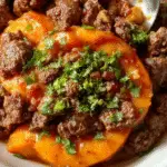 A vibrant skillet dish featuring golden roasted sweet potato chunks topped with seasoned ground beef and fresh herbs, all arranged in a rustic cast iron skillet showcasing a colorful and appetizing meal.