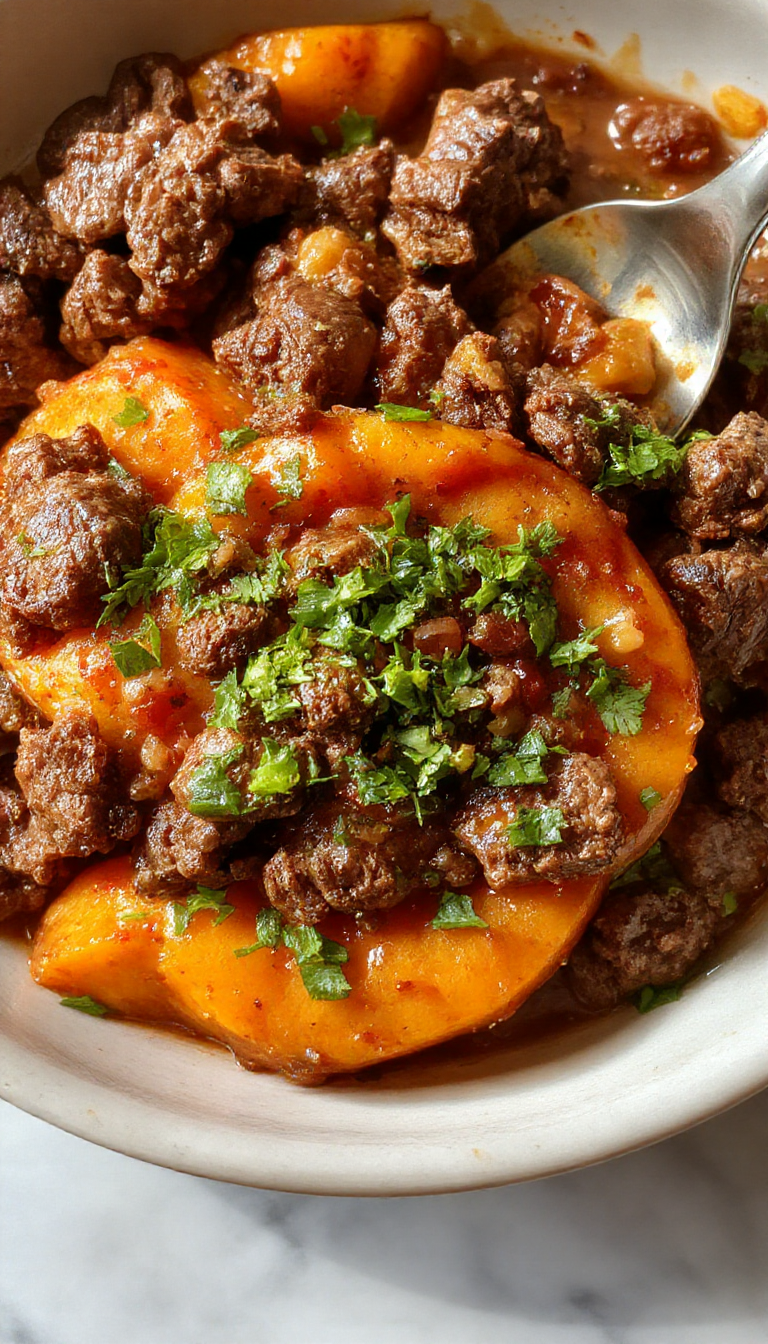 A vibrant skillet dish featuring golden roasted sweet potato chunks topped with seasoned ground beef and fresh herbs, all arranged in a rustic cast iron skillet showcasing a colorful and appetizing meal.