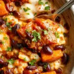 A vibrant skillet featuring golden-brown sweet potato cubes, glossy black beans, and fluffy rice, topped with fresh cilantro and diced tomatoes, arranged in an inviting and colorful presentation.