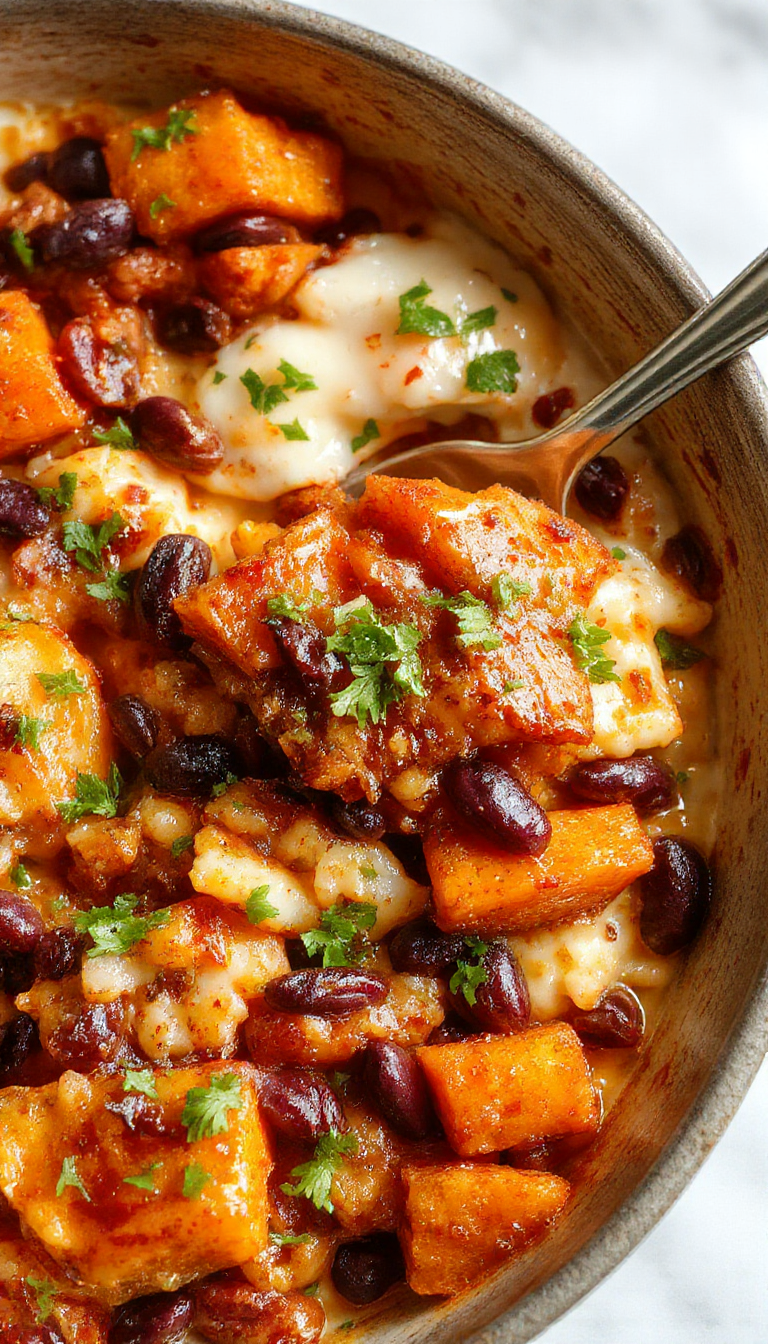 A vibrant skillet featuring golden-brown sweet potato cubes, glossy black beans, and fluffy rice, topped with fresh cilantro and diced tomatoes, arranged in an inviting and colorful presentation.