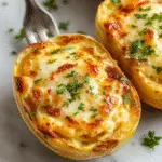 A golden-baked Cheesy Spaghetti Squash Au Gratin dish featuring tender spaghetti squash strands topped with melted, bubbling cheese, garnished with fresh herbs, served in a rustic ceramic dish.