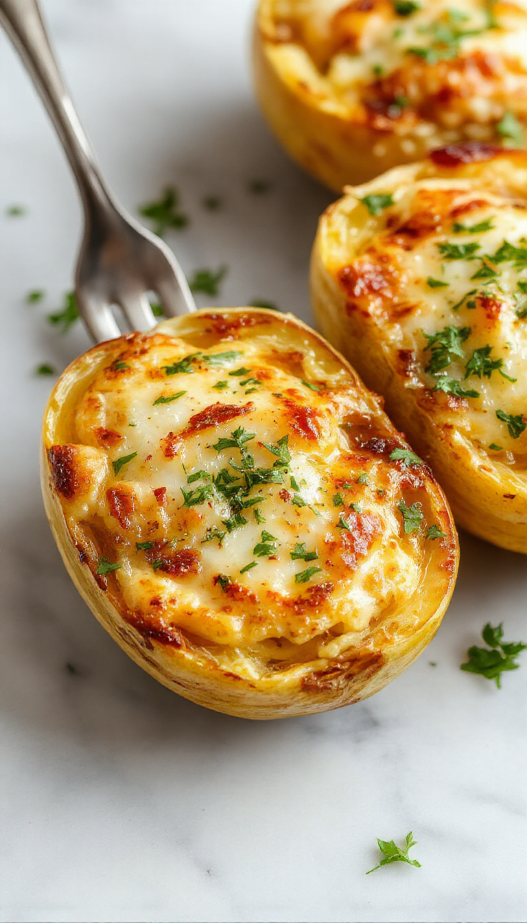 A golden-baked Cheesy Spaghetti Squash Au Gratin dish featuring tender spaghetti squash strands topped with melted, bubbling cheese, garnished with fresh herbs, served in a rustic ceramic dish.