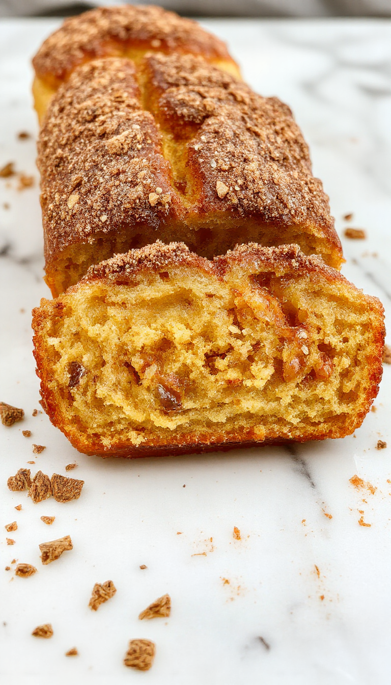 A golden-brown loaf cake topped with a shimmering cinnamon sugar crust, sliced to reveal a moist interior dotted with bits of spiced apples, garnished with a dusting of cinnamon sugar. The cake is presented on a rustic wooden board with a few apple slices and cinnamon sticks nearby, evoking warm fall flavors.