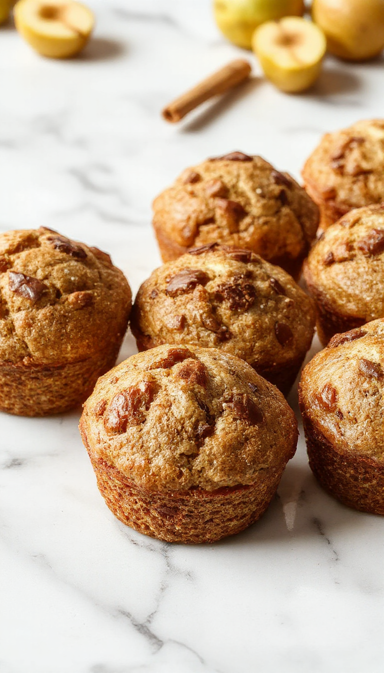 A close-up of a golden-brown pear muffin with a slightly cracked top, dotted with tiny pear pieces and a sprinkle of cinnamon. The muffin is on a rustic white plate with a scattering of fresh pear slices and a cinnamon stick in the background, soft natural light highlighting its moist texture and warm color.
