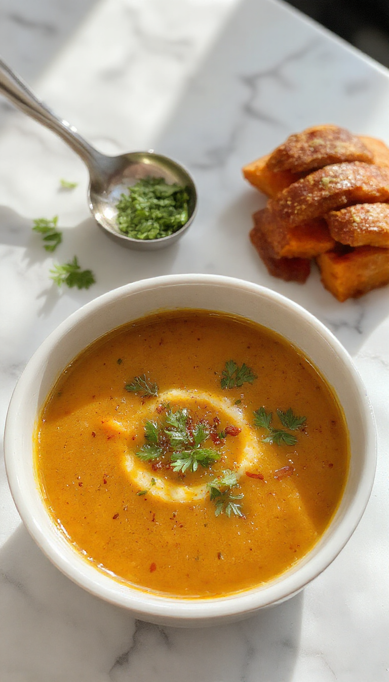 A vibrant bowl of Spicy Butternut Squash Sweet Potato Soup, garnished with a swirl of cream and a sprinkle of chili flakes. The soup has a smooth, velvety texture with a rich orange hue, served in a rustic ceramic bowl on a wooden table. Fresh herbs and roasted squash pieces are visible on top, with a spoon resting beside the bowl.