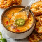 A vibrant bowl of Spicy Jalapeño Popper Soup garnished with fresh chopped cilantro, melted cheese, and crispy grilled cheese dippers arranged on a rustic wooden surface. The bright green jalapeños and creamy soup contrast with the golden-brown grilled cheese sticks, creating an inviting, colorful presentation.
