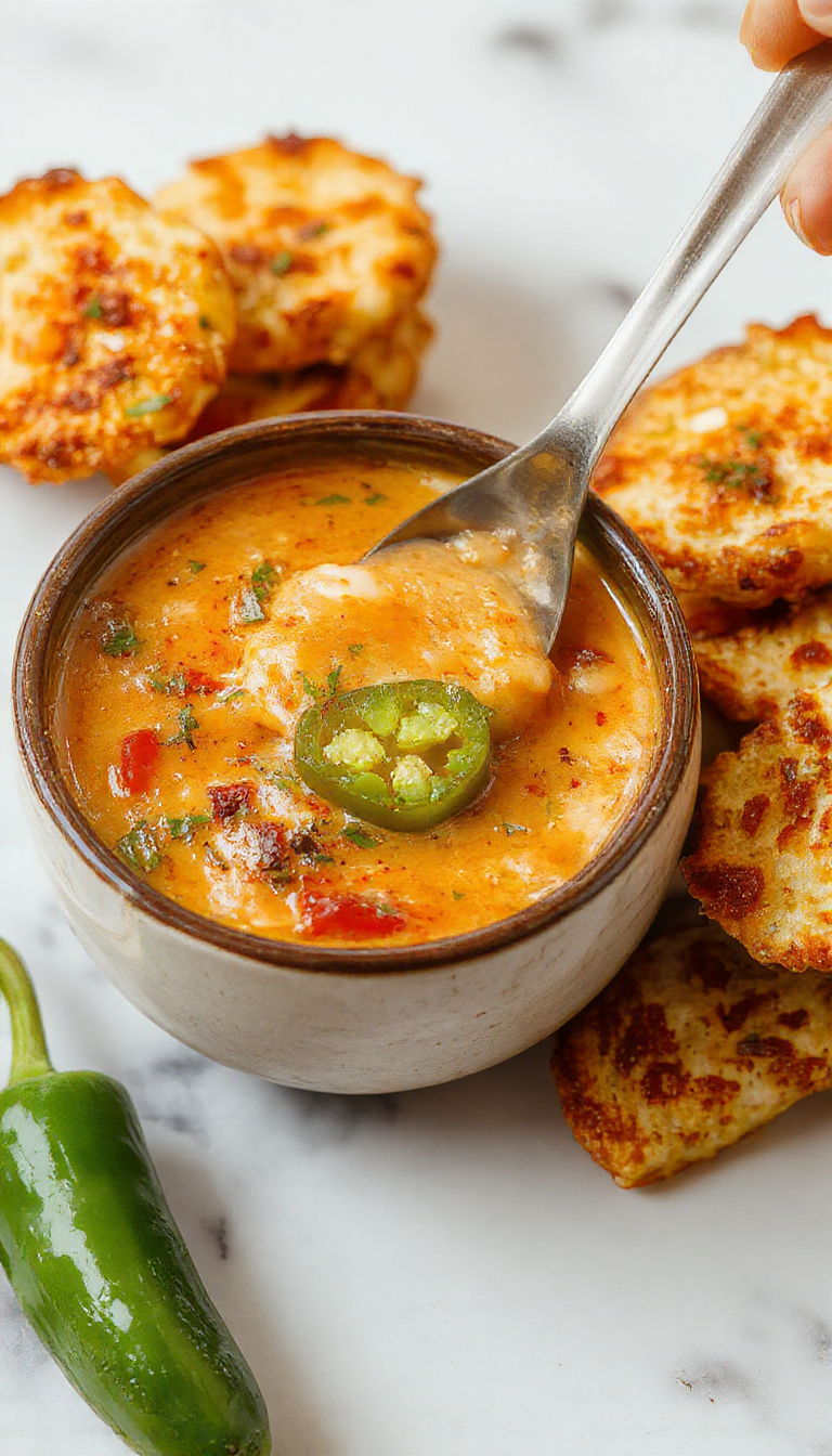 A vibrant bowl of Spicy Jalapeño Popper Soup garnished with fresh chopped cilantro, melted cheese, and crispy grilled cheese dippers arranged on a rustic wooden surface. The bright green jalapeños and creamy soup contrast with the golden-brown grilled cheese sticks, creating an inviting, colorful presentation.