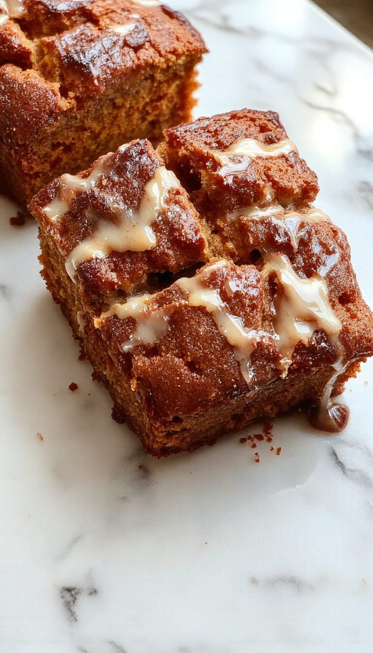 A freshly sliced pumpkin bread loaf with a golden-brown crust, topped with a drizzle of icing. The slices reveal moist, dense interior speckled with pumpkin seeds and spices, arranged on a rustic wooden surface alongside a cinnamon stick and a small bowl of creamy butter.