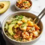 A vibrant bowl featuring grilled chicken pieces topped with charred corn kernels, chopped fresh cilantro, and crumbled cheese. The dish is arranged beautifully with colorful ingredients, showcasing a balance of textures from the tender chicken and crunchy corn, garnished with lime wedges and a sprinkle of paprika on a rustic wooden table.
