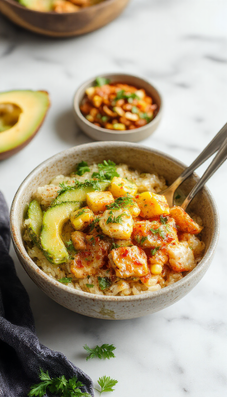 A vibrant bowl featuring grilled chicken pieces topped with charred corn kernels, chopped fresh cilantro, and crumbled cheese. The dish is arranged beautifully with colorful ingredients, showcasing a balance of textures from the tender chicken and crunchy corn, garnished with lime wedges and a sprinkle of paprika on a rustic wooden table.